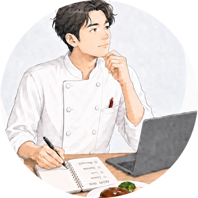 Ono のプロフィールイラスト。コックコート姿でノートとパソコンに向かう調理師